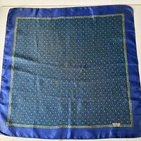 Full view of 23" silk scarf with blue border