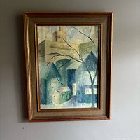 Full view of framed mid-century abstract oil painting