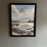 Frontal view of framed oil painting, full artwork visible