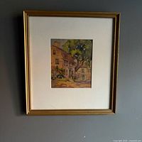 Framed painting full view showing mat and gold frame