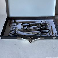 Open metal box with eight scissors inside