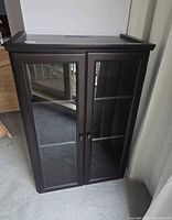 Front view of dark brown wood cabinet with two glass doors