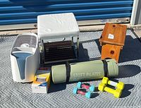 group shot showing all items including stool, bench, humidifier, filter, mat and dumbbells