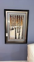 Full view of framed birch tree print on wall