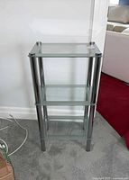 Full view showing three glass shelves and chrome frame