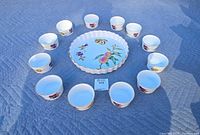 Top view showing flan dish surrounded by 12 ramekins