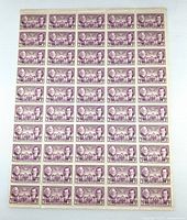 Front of full stamp sheet showing 54 purple stamps in 6 columns