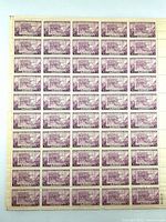 Front of full 50-stamp sheet showing design, margins and plate number