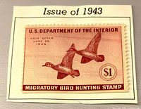 Front of 1943 $1 migratory bird hunting stamp on album cutout