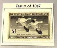 Front view of 1947 $1 Migratory Bird Hunting stamp on album piece