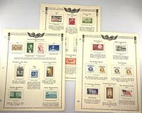 Stacked view of all three Minkus album pages displaying mounted 1958-1959 U.S. commemorative stamps