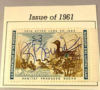 Front of 1961 $3 migratory bird hunting stamp on album piece