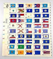 Front of sheet displaying all 50 state flag stamps and plate numbers