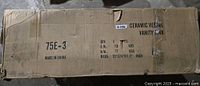 Sealed shipping carton labeled ceramic vessel vanity sink model 75E-3 with weights and dimensions