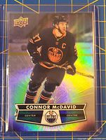 Front of Connor McDavid Upper Deck 2021 Tim Hortons card in sleeve