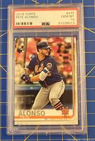 Front view of PSA-slabbed 2019 Topps #475 Pete Alonso rookie card showing image, RC logo, PSA label with grade GEM MT 10