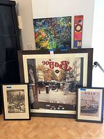 Front view of all five art pieces showing subjects, framing and relative sizes