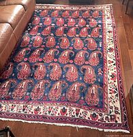 Full view of rug showing paisley field and borders beside sofa