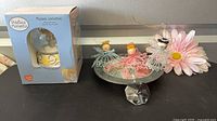 Full lot showing waterball box, tray with three beaded angels, two crystal ornaments and mirrored tray