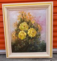 Frontal view of framed yellow roses oil painting