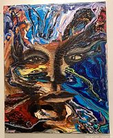 Full view of the Catherine Brady painting showing abstract portrait and overall colours