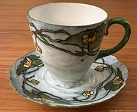 Cup on saucer, side view showing hand-painted floral design
