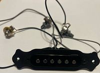 Front view of black six-pole pickup with attached wiring and potentiometers