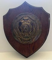 Front view showing bronze emblem and wood shield