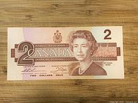 Obverse of 1986 $2 banknote showing Queen Elizabeth II and denomination