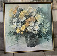 Front view of framed floral painting showing entire artwork and frame