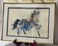 Full view framed Baumgardner horse print on stand