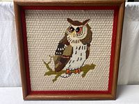 Full view of framed owl needlepoint