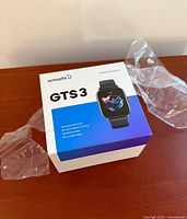 Retail box front showing Amazfit branding and GTS 3 model