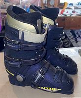 Side view of pair showing shell, graphics and buckles