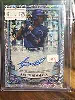 Front view of Arjun Nimmala Bowman Sterling Sparkle autograph card in sleeve