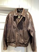 Front of brown Danier leather jacket showing style and condition