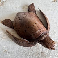 Top view of full wooden sea turtle sculpture showing shell pattern and flippers