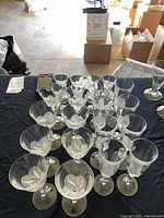Group of all 24 crystal glasses arranged on table