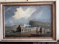 Framed painting close-up showing signature and scene