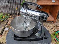 Overall view of Sunbeam Mixmaster with bowl and beaters attached