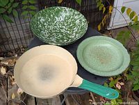 All three graniteware pieces grouped: frying pan, bowl, plate
