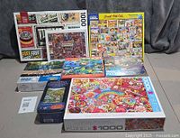 Group shot of all nine puzzle boxes showing themes and sizes