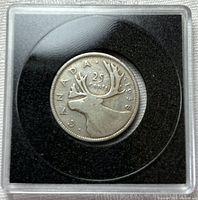 Reverse view of 1938 Canadian 25-cent coin in holder