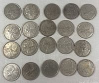 Reverse side of 20 1968 Canadian quarters arranged in grid