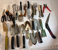 Group shot of assorted garden hand tools laid out