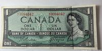 Front of 1954 one-dollar note showing serial number and Queen Elizabeth II portrait