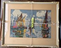 Framed harbour scene needlepoint with mat and frame