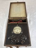 Open case displaying galvanometer, knobs, leads and calibration chart