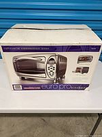 Retail box showing Euro-Pro Kitchen rotisserie convection oven