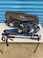 Snowshoes, poles, spare parts, and carry bag laid out on table